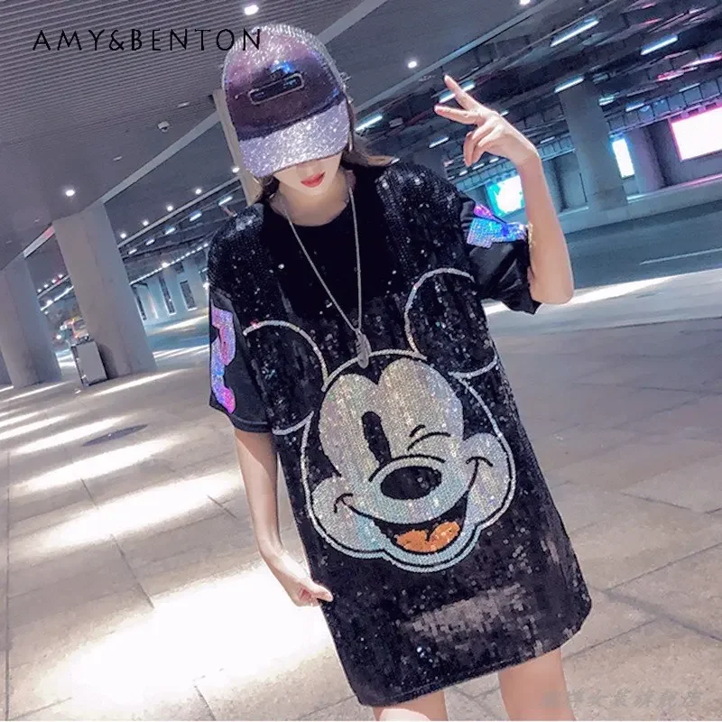 Zomer Nieuwe Mode Cartoon Pailletten Korte Mouw T-Shirt Jurk Dames Losse Casual Mid-Length T-Shirt Jurk Voor Vrouwen