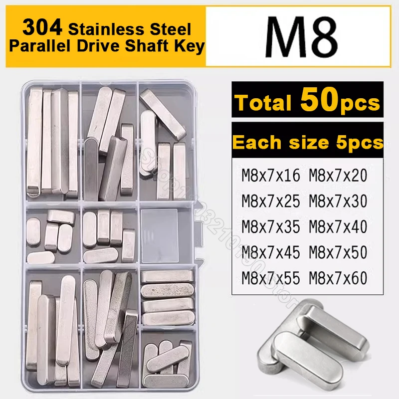 50Pcs M8 GB1096 Square Rectangular Keys Set 304 Stainless Steel Dowel Drive Shaft Parallel Key Round Ended Key Assortment Kit