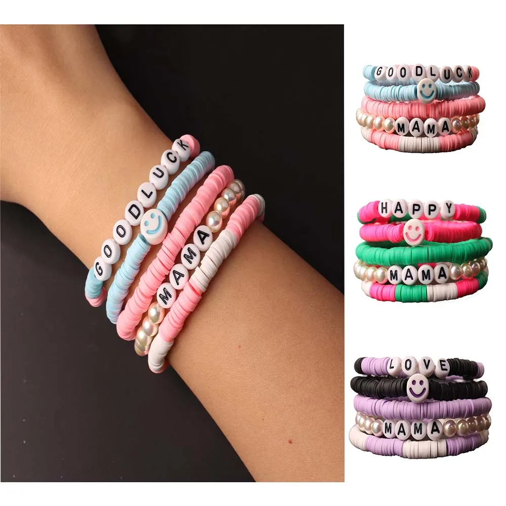 

Handmade 2024 Bohemian Mother's Day Gifts Wish Bead Jewelry Color Bracelet for Mom Mama Women Letters Charm Family Bless Bangles