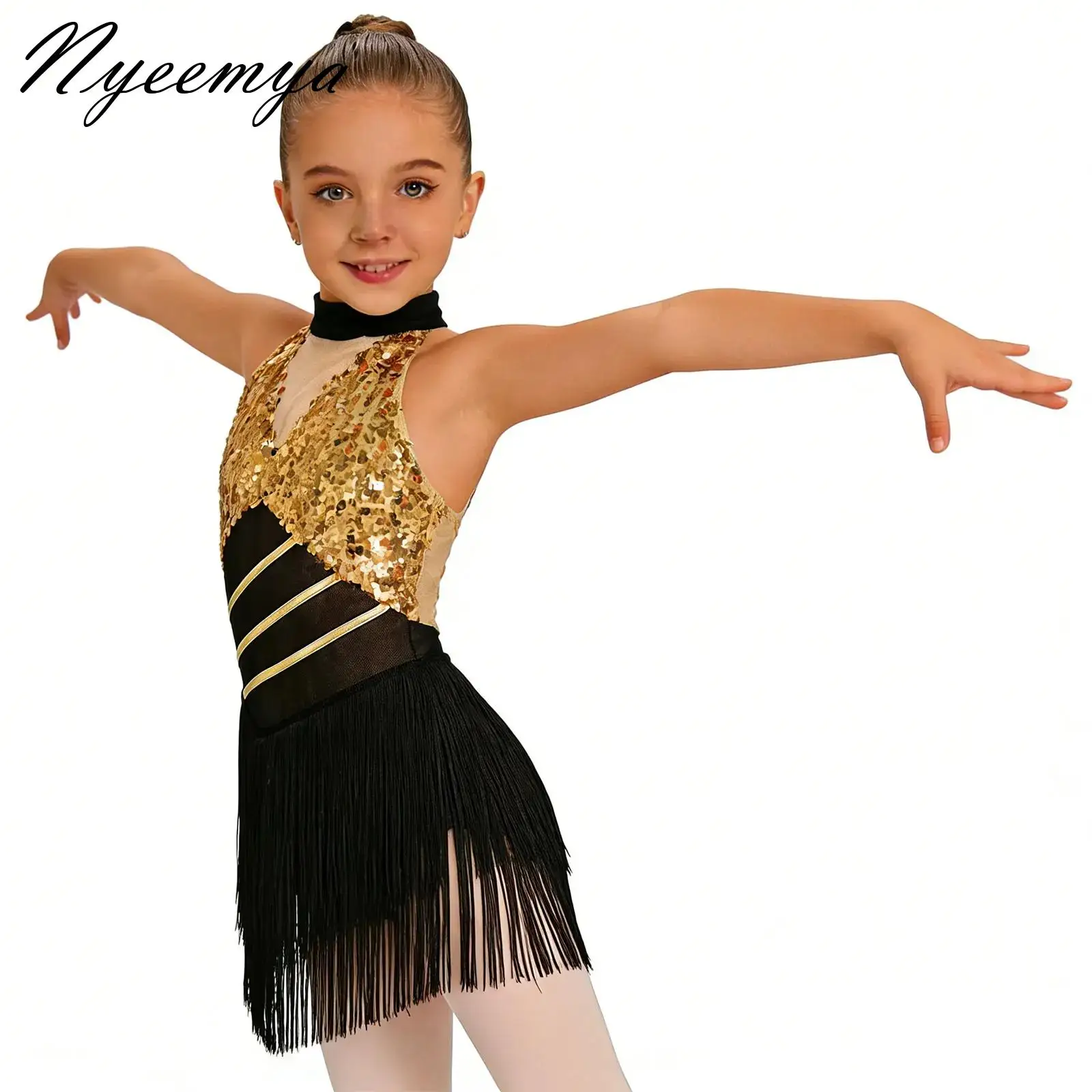 

Kids Girl Sleeveless Sequins Ballet Dancewear Gymnastics Leotard Dress Figure Skating Modern Rave Jazz Dance Competition Costume