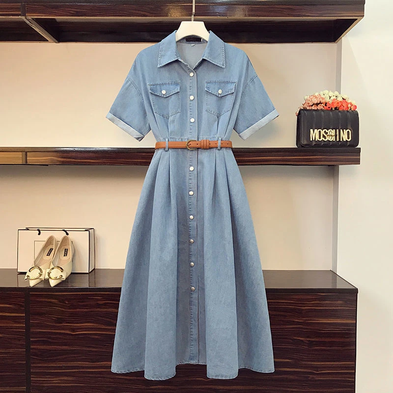 

(M-5XL) Summer Women's Denim Dress 2022 New Lady Casual Midi Short Sleeve Polo Collar Single Button Jeans Dresses