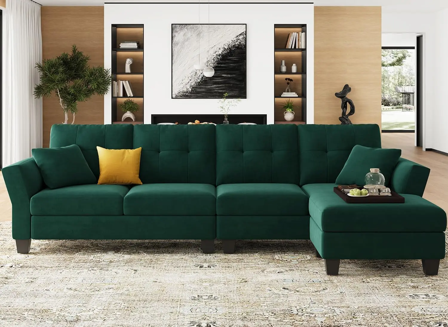 Convertible Sectional Couch Velvet L Shaped Sofa 4 Seat Sofa with Chaise L-Shaped Couches Reversible Sectional Sofa (Dark Green,