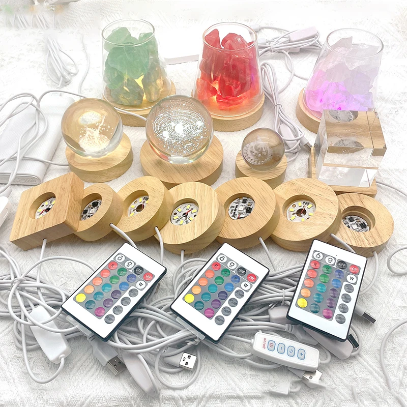 

1PC Crystal Glass Art Ornaments Battery Operated Square/Round Wooden LED Light Dispaly Base Stand Holder Able Night Lamp Base