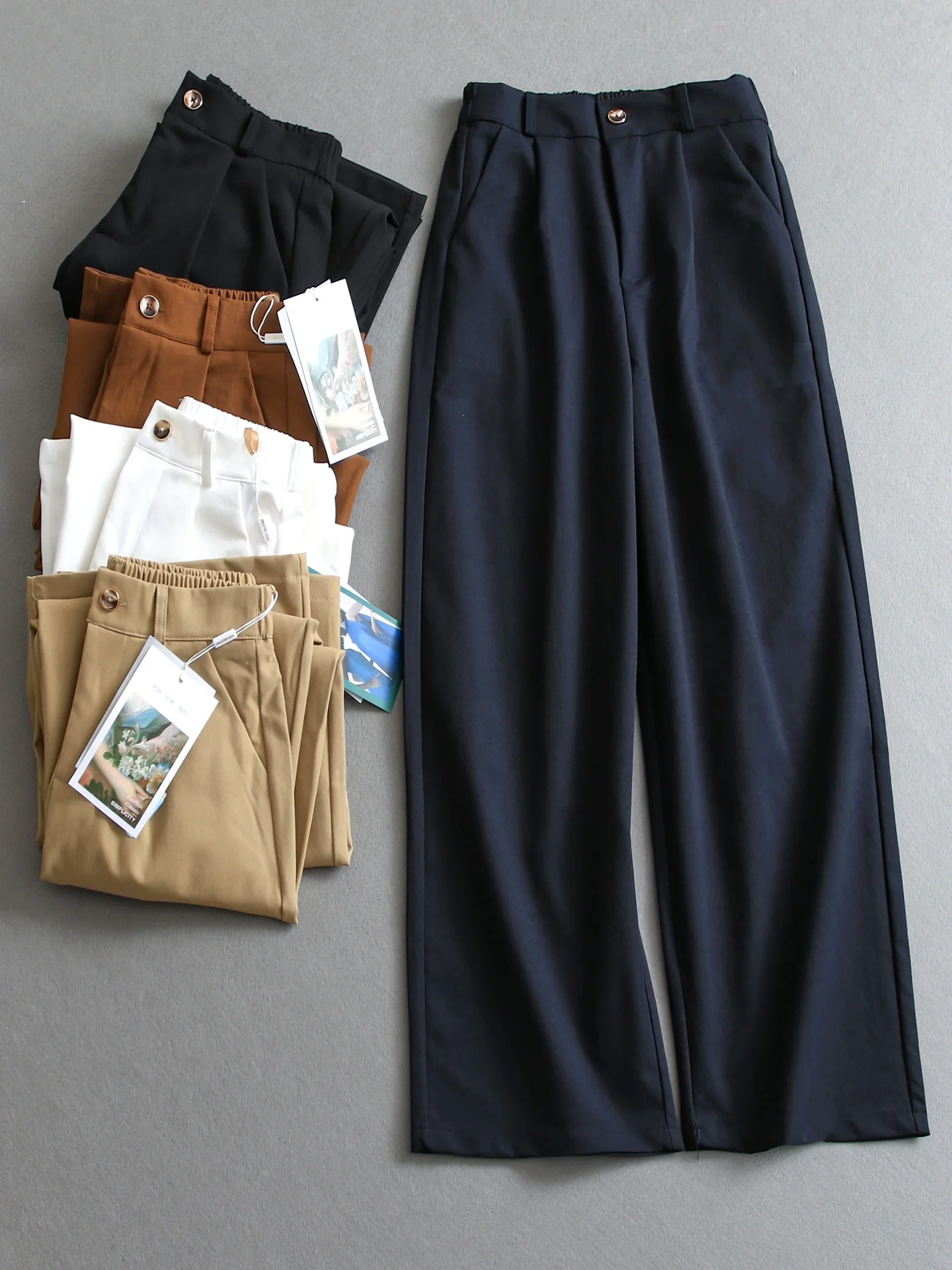

Pure Color Pleated Half Elastic Waist Breathable Wide Leg Pants Commute Casual Straight Cut Women's Pants E879