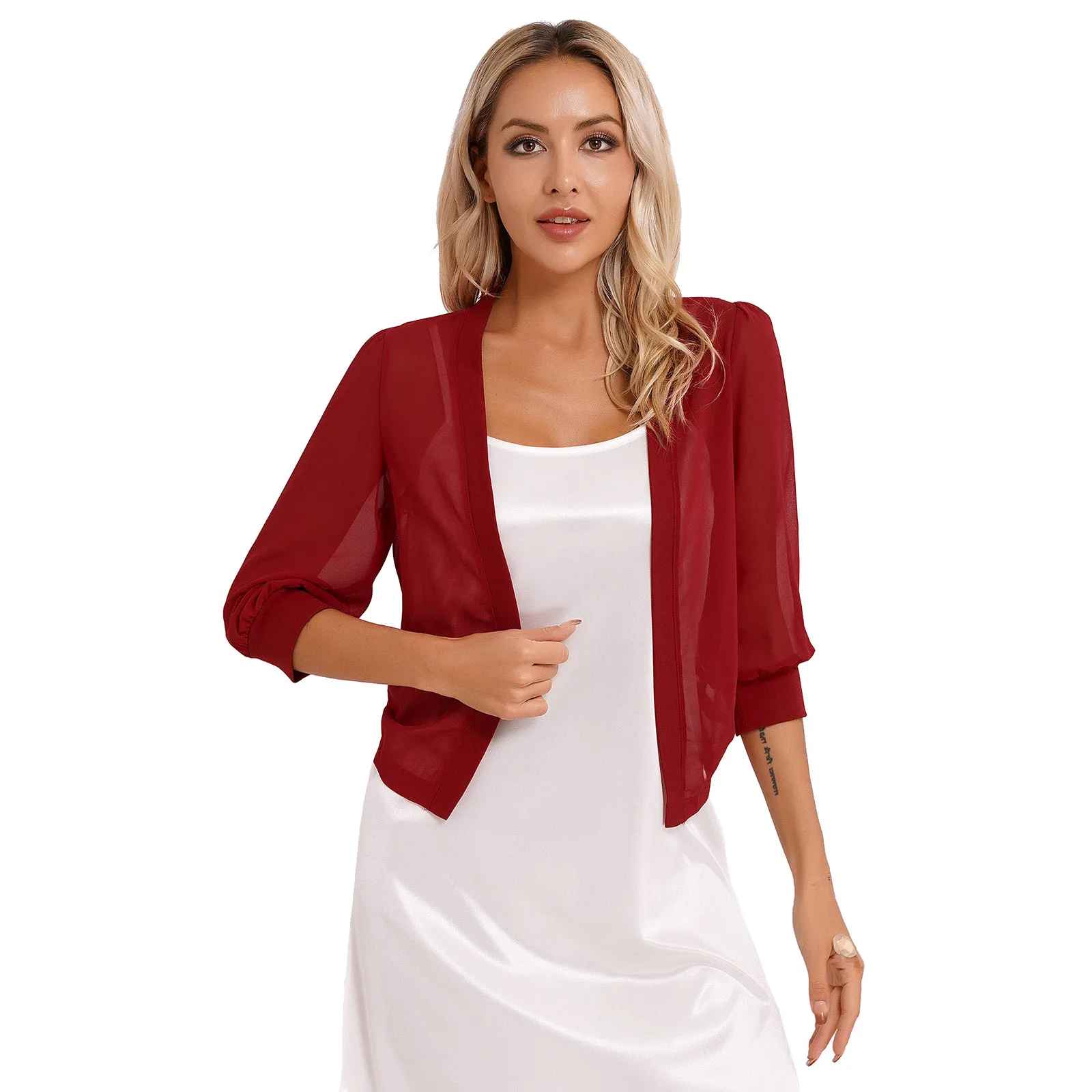 Womens 3/4 Puff Sleeve Chiffon Wraps Shawls Solid Color Semi See-Through Shrug Bolero Open Front Cardigan Cover Ups Beachwear