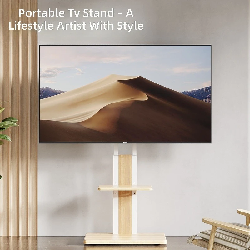 TV bracket, movable floor-to-ceiling all-in-one machine, wheeled cart, universal adjustable solid wood hanging shelf