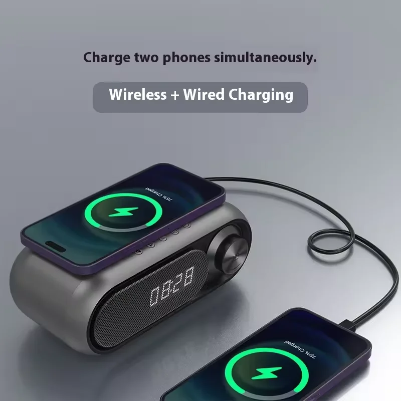 

Multi-Function Wireless Charger for BT Speaker Alarm Clock USB Charge FM Radio Card Player Bass Enhance AUX Perfect Desktop Use