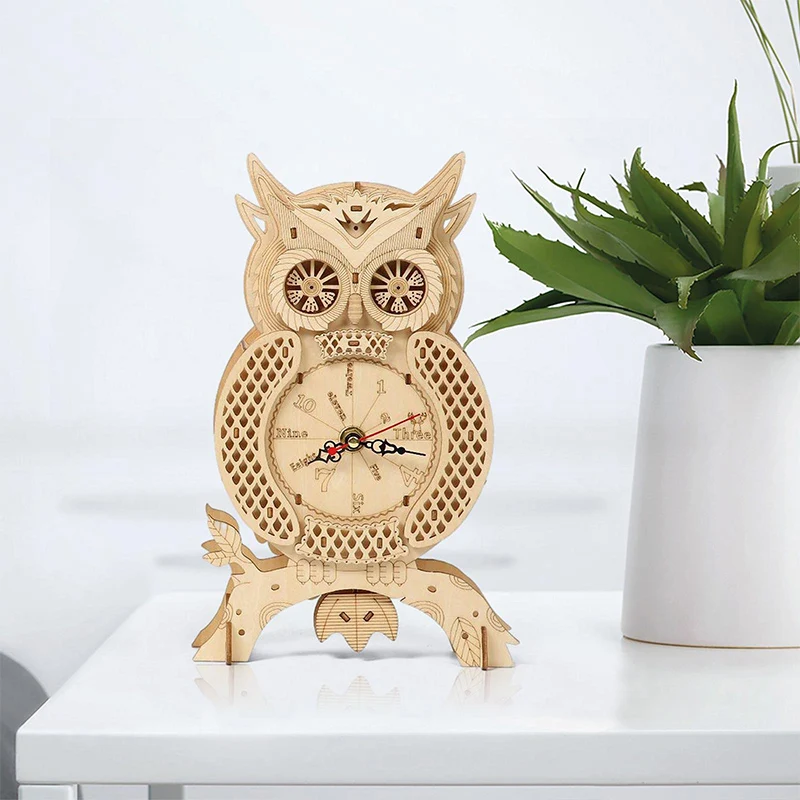 Diy 3D Assemble Owl Clock Wooden Puzzle  Desk Pendulum Clock  Splicing Toy for Adult Children Gift