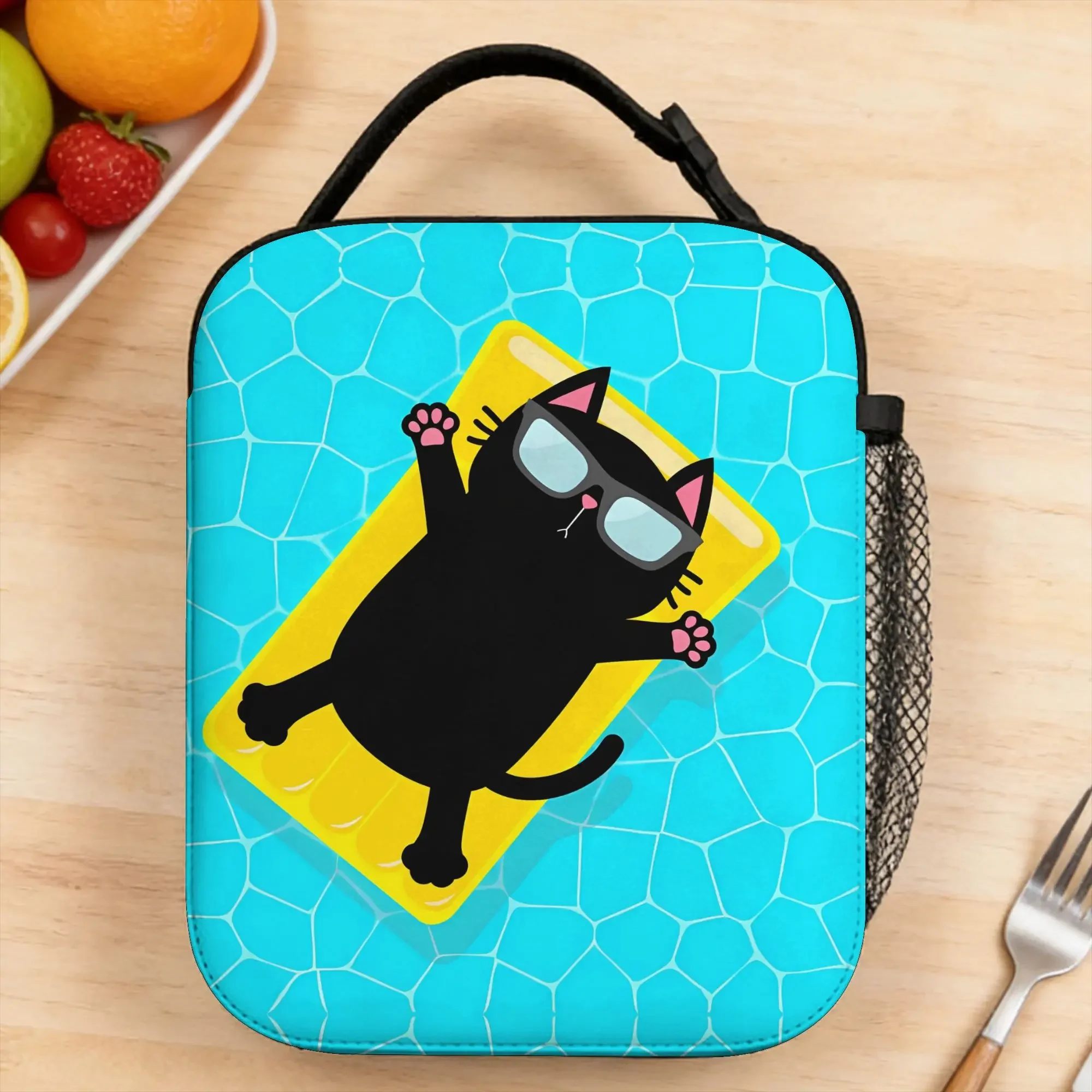 Black cat wearing star shape sunglasses. Lunch Bag For Girl Boy Office Lunch Box Kawaii Oxford Thermal Tote Handbags