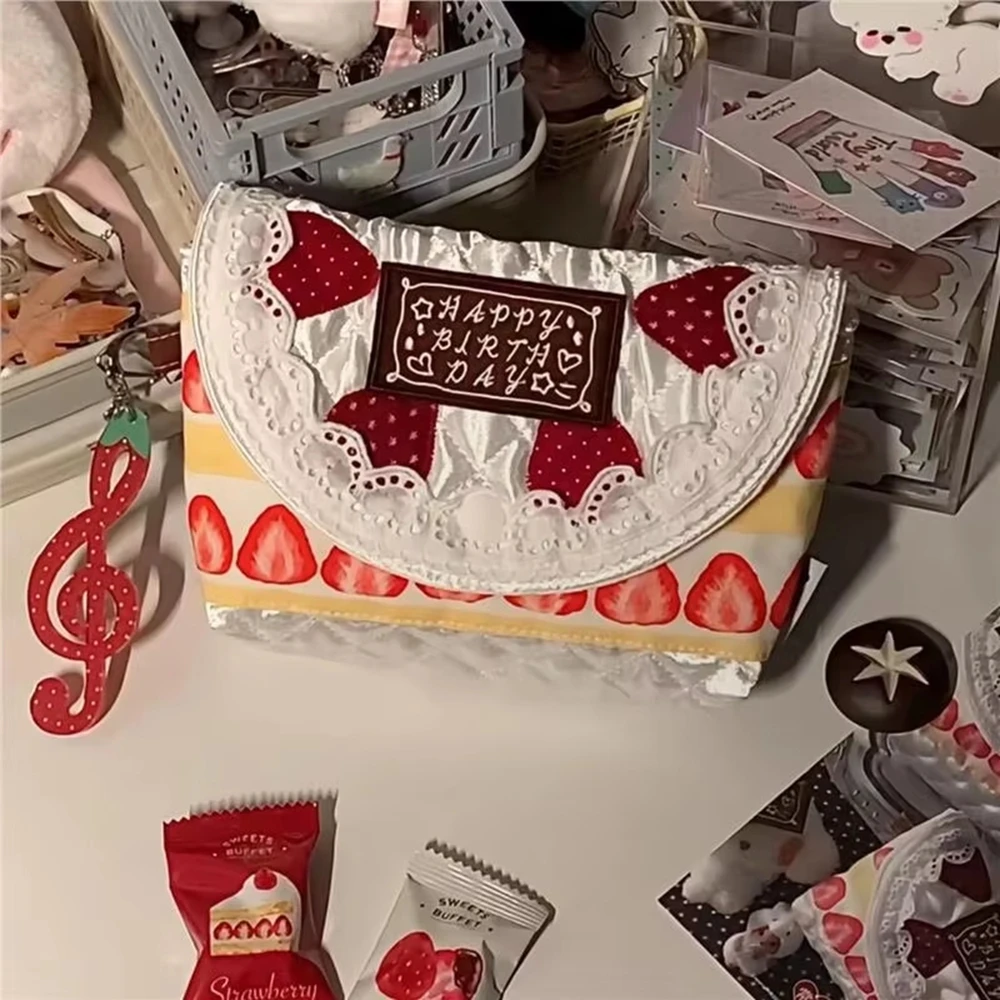 Large Capacity Strawberry Cake Pattern Storage Bag Student Miscellaneous Materials Organizer Handmade Scrapbooking Bag