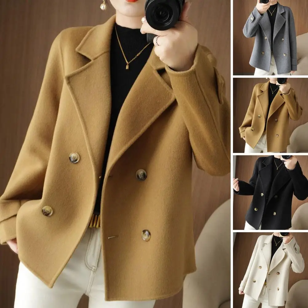 Short Double-breasted Coat Stylish Women's Double-breasted Trench Coat with Notch Collar Cold-resistant Design for Fall Winter