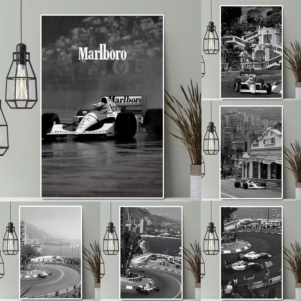 Vintage Formula Grand Prix Senna Racing Poster Black And White Supercar Canvas Painting Race Car Club Wall Art Room Home Decor