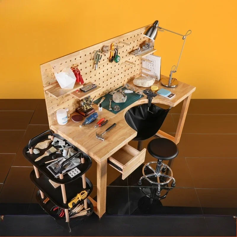 All solid wood jewelry processing gold table, metal table with leather pocket hole plate, model painting workbench