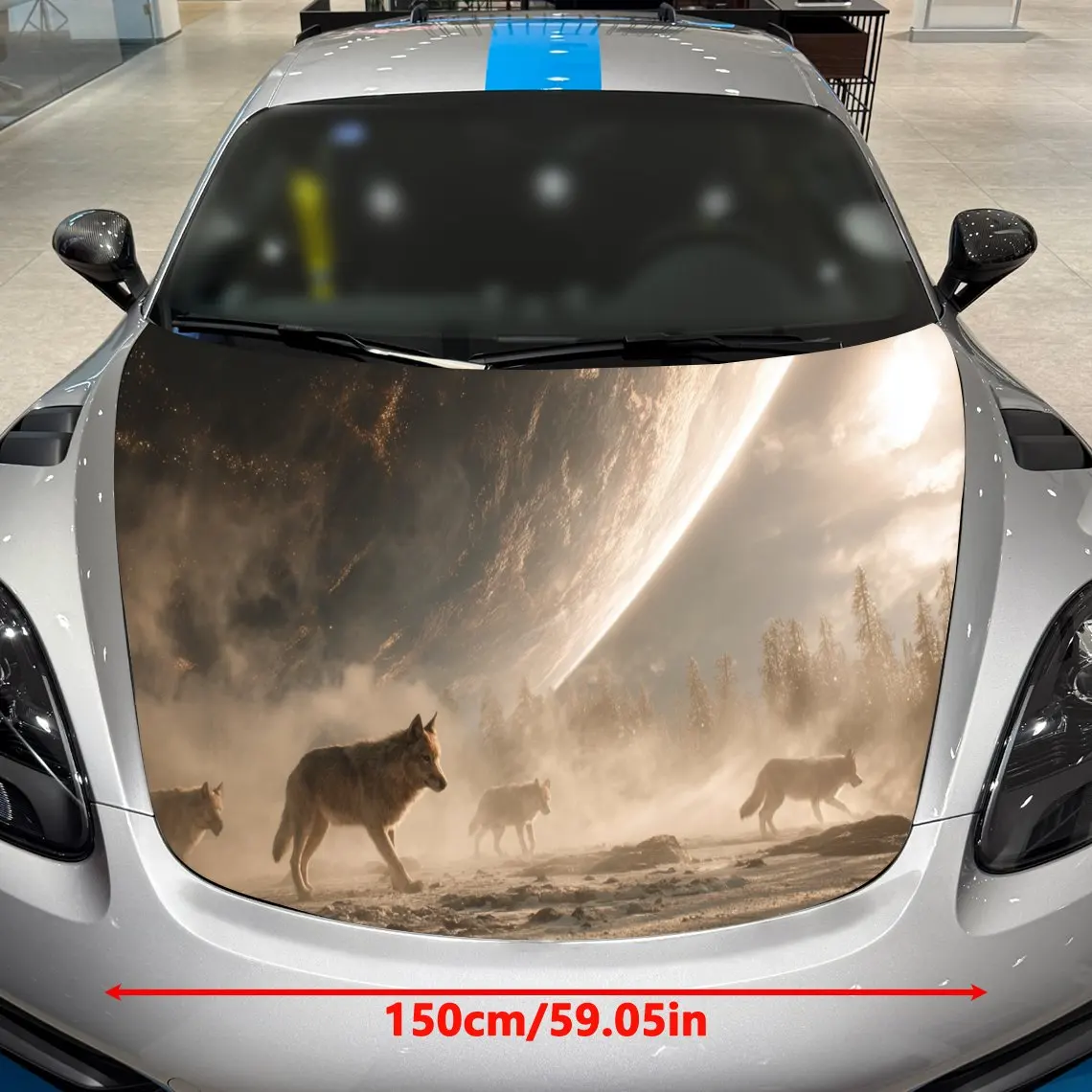 شارات السيارة حزمة الذئب في الخيال العلمي - المناظر الطبيعية الضبابية المستوحاة من Fi مع مشهد الجسم السماوي خلق ملصق غطاء السيارة، مقاوم للماء الذاتي