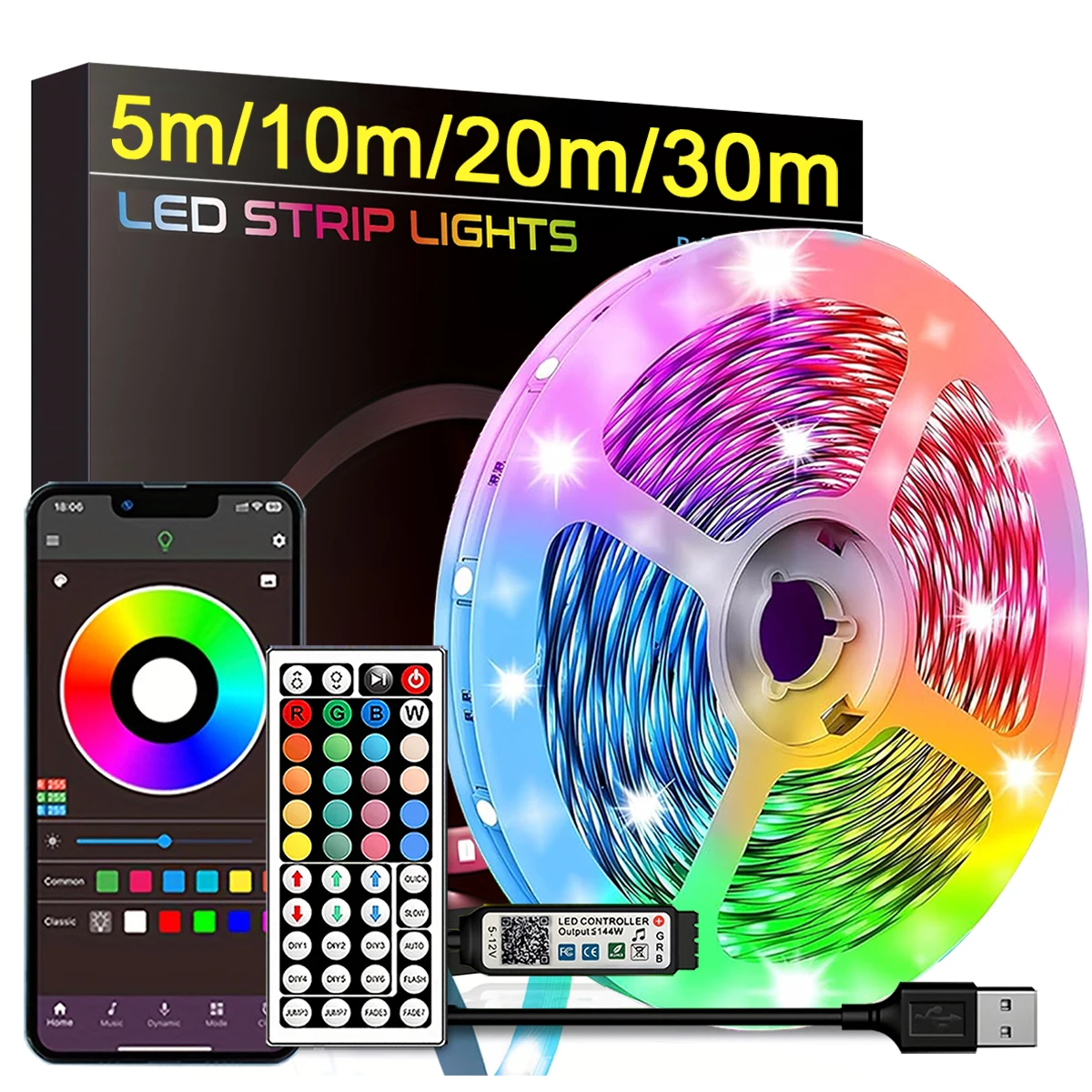 LED 조명 스트립, 색상 변경 RGB LED 스트립, 원격 및 앱 제어 테이프 조명, 방 침실 장식 TV 백라이트