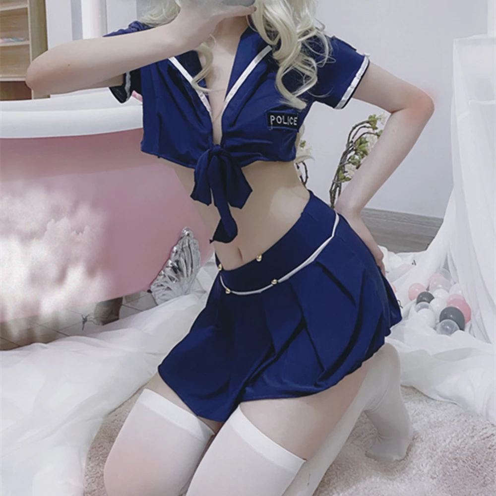 

Fun Lingerie Passion Seduction Sexy Blue Deep V Female Police Costume Professional Uniform Split Suit Role-Playing