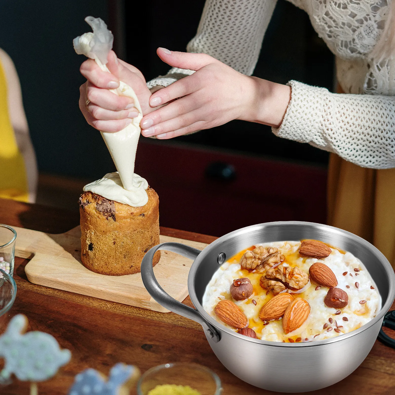 Olla para Fideos de Acero Inoxidable Resistente con Asa, Perfecta para Sopa Ramen Coreana, Guisos, Leche, Compatible con Cocina de Gas e Inducción