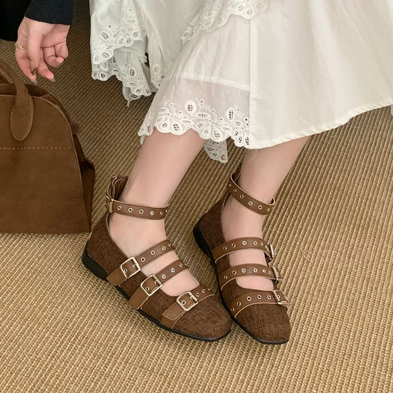 Moda tornozelo fivela senhoras mary janes apartamentos sapatos femininos dedo do pé redondo calçados rasos apartamentos com sapatos novo 2025