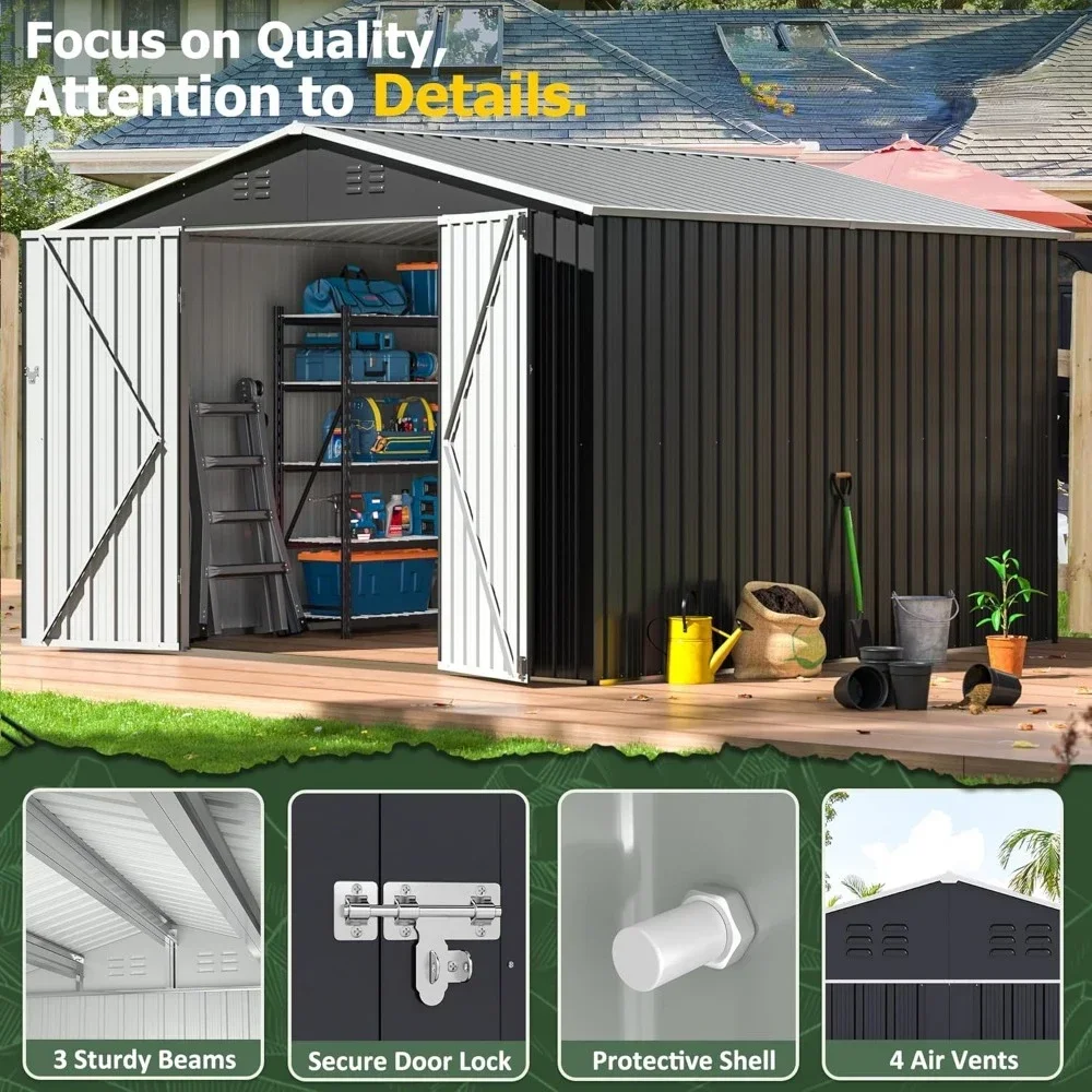 Garden Shed with Updated Frame Structure and Lockable Doors, Metal Tool Sheds for Backyard Garden Patio Lawn, Grey image 4