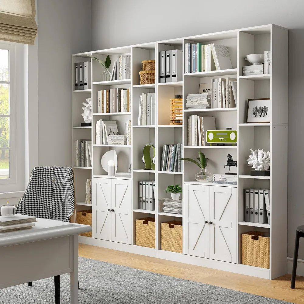 "خزانة كتب بيضاء بطول 74 بوصة مع أبواب وتخزين للمنزل والمكتب، مثالية لغرفة المعيشة وغرفة النوم"