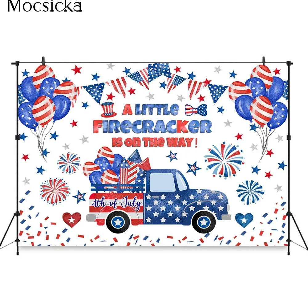 A Little Firecracker Is on the Way Baby Boy Birthday Background 4th of July Independence Day Firework Balloon Truck Backdrop Kit