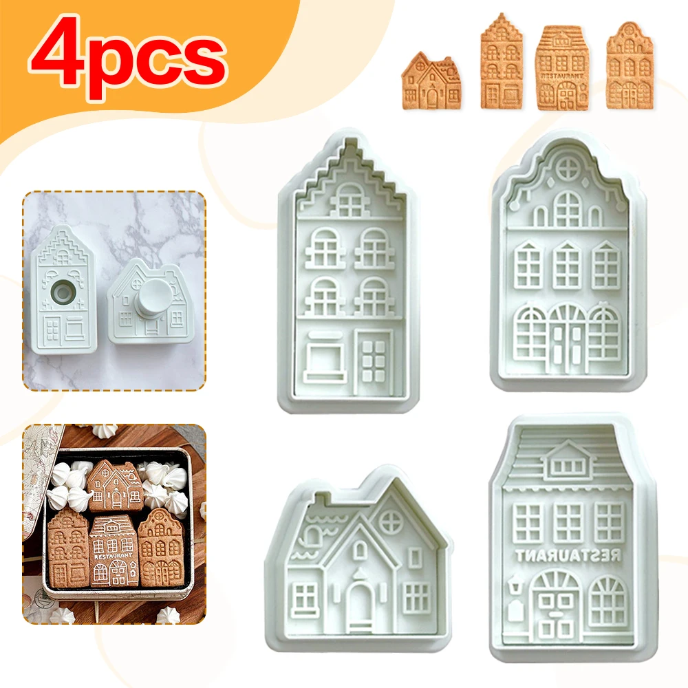 4Pcs Christmas Gingerbread House Pattern Cookie Cutter Biscuit Stamp Fondant Cake Decoration Baking Accessories Kitchen Gadgets