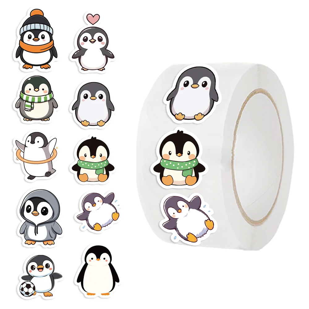 500PCS Cute Penguin Stickers Roll Cartoon Aesthetics Funny Penguin Animal Laptop Luggage Stationery Diary Decoration Decals Toys