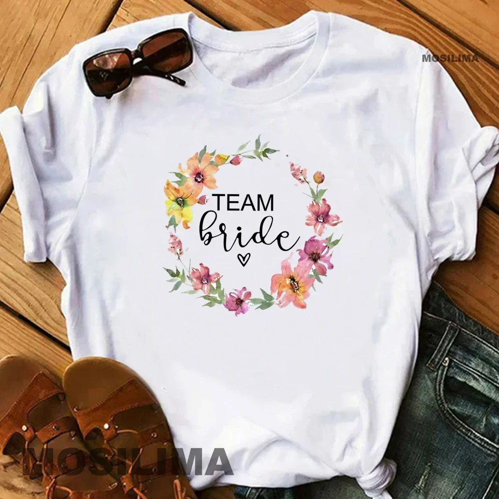 Team Bride Bachelorette Wedding Party Women Evjf Tee Shirt Casual ladies basic O-collar Pink Short Sleeved T-shirt Girl MOS001