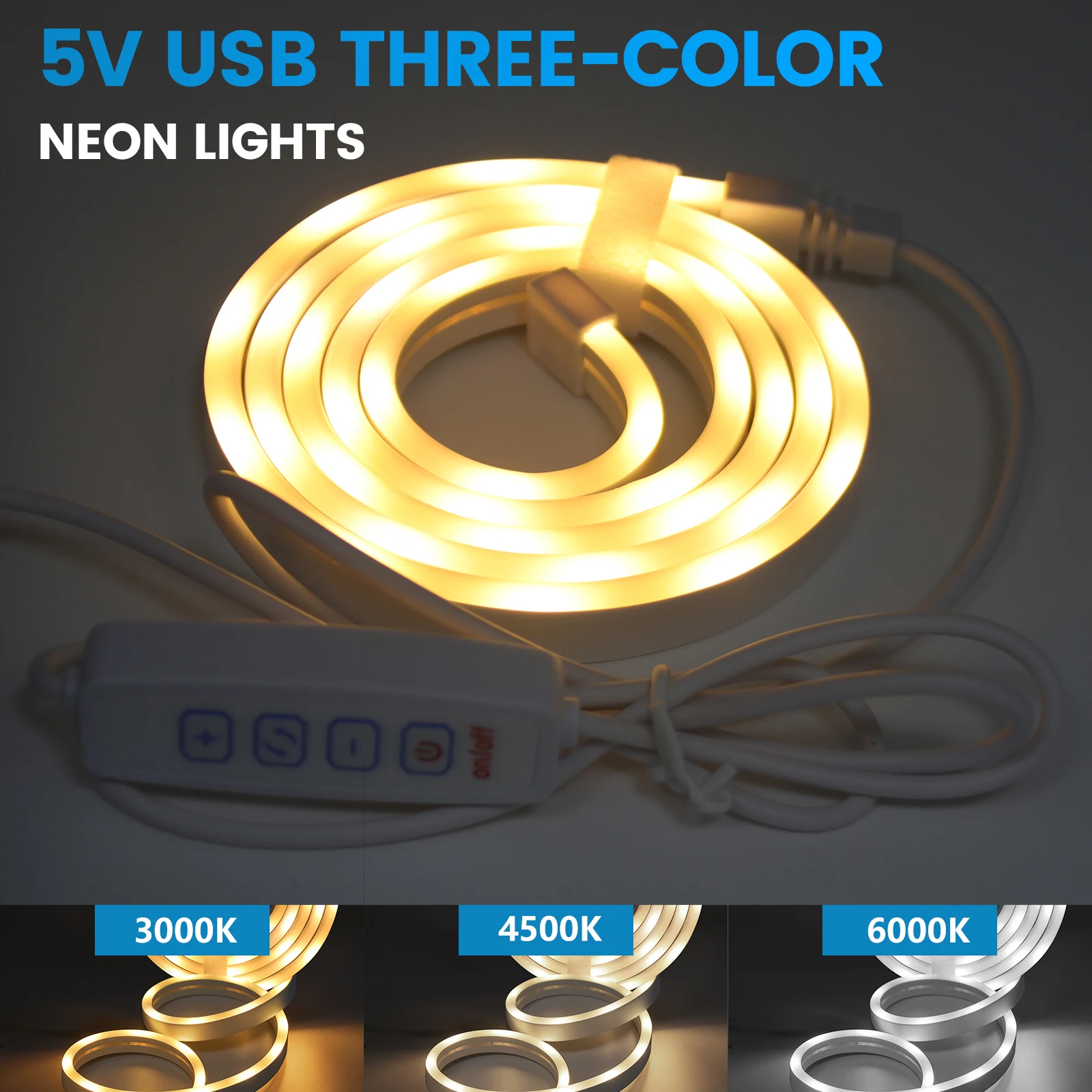 5V USB Neon LED Light Strip with 4Key Dimmer IP65 Waterproof 3000K 4500K 6000K Dimmable Flexible Neon Strip for Room Decor