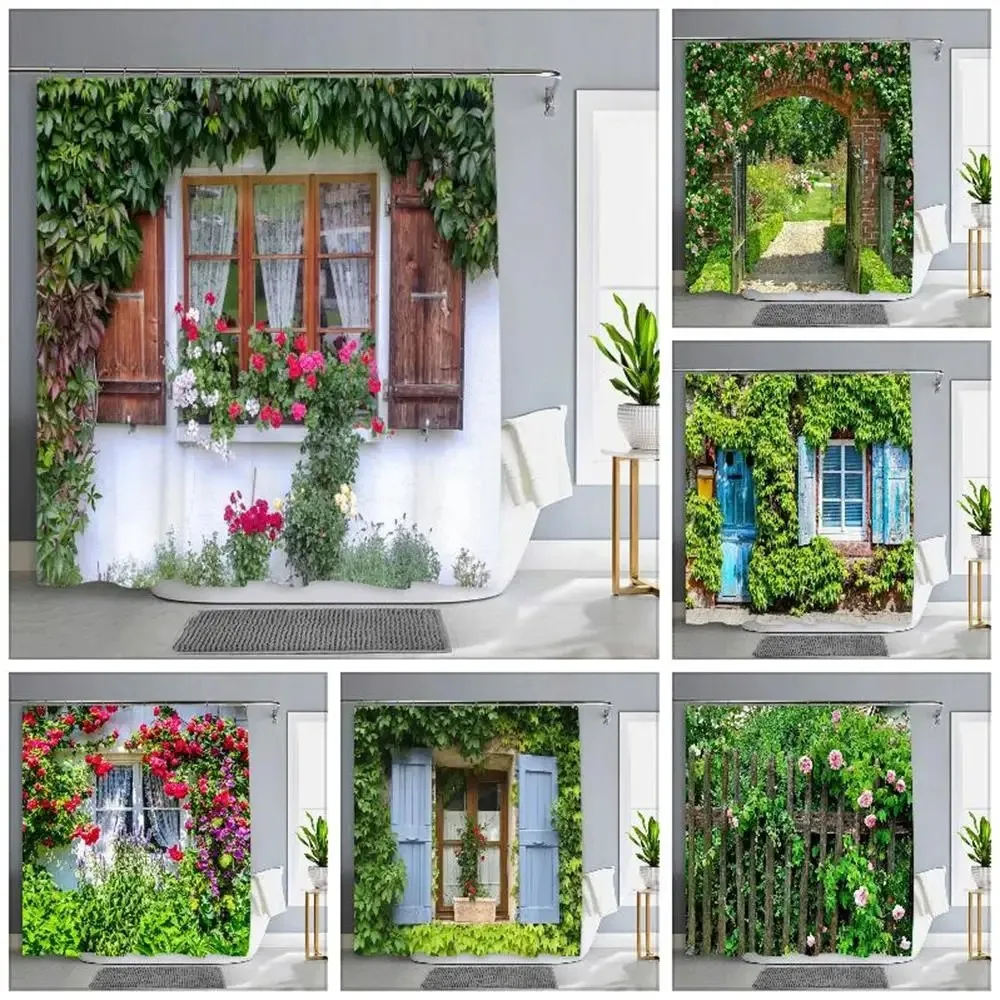 Old Door With Flowers In Verona Italy Shower Curtain Outdoor Street Garden Landscape Polyester Shower Curtains Bathroom Decor