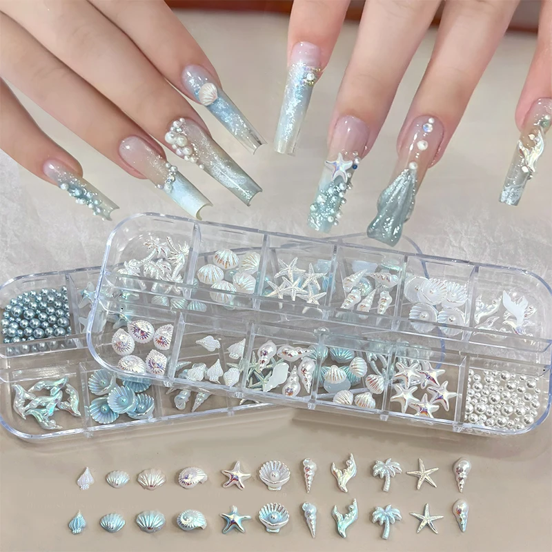 

12 Grids/Box Blue White Nail Charm Shell Starfish Mermaid Tail 3d Nail Art Accessories For A Dreamy And Oceanic Manicure Look