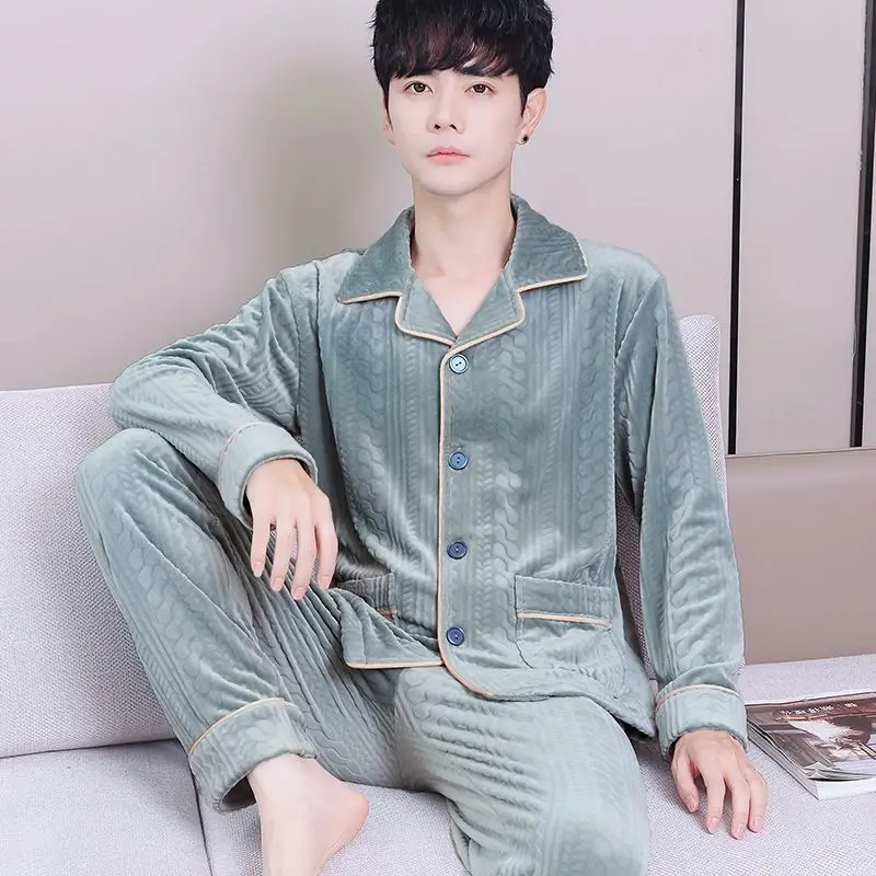 Coral Fleece Sleepwear Long Sleeve Cardigan Pants Men Pajama Sets Warm Flannel Pajamas Loungewear Autumn Winter Nightwear