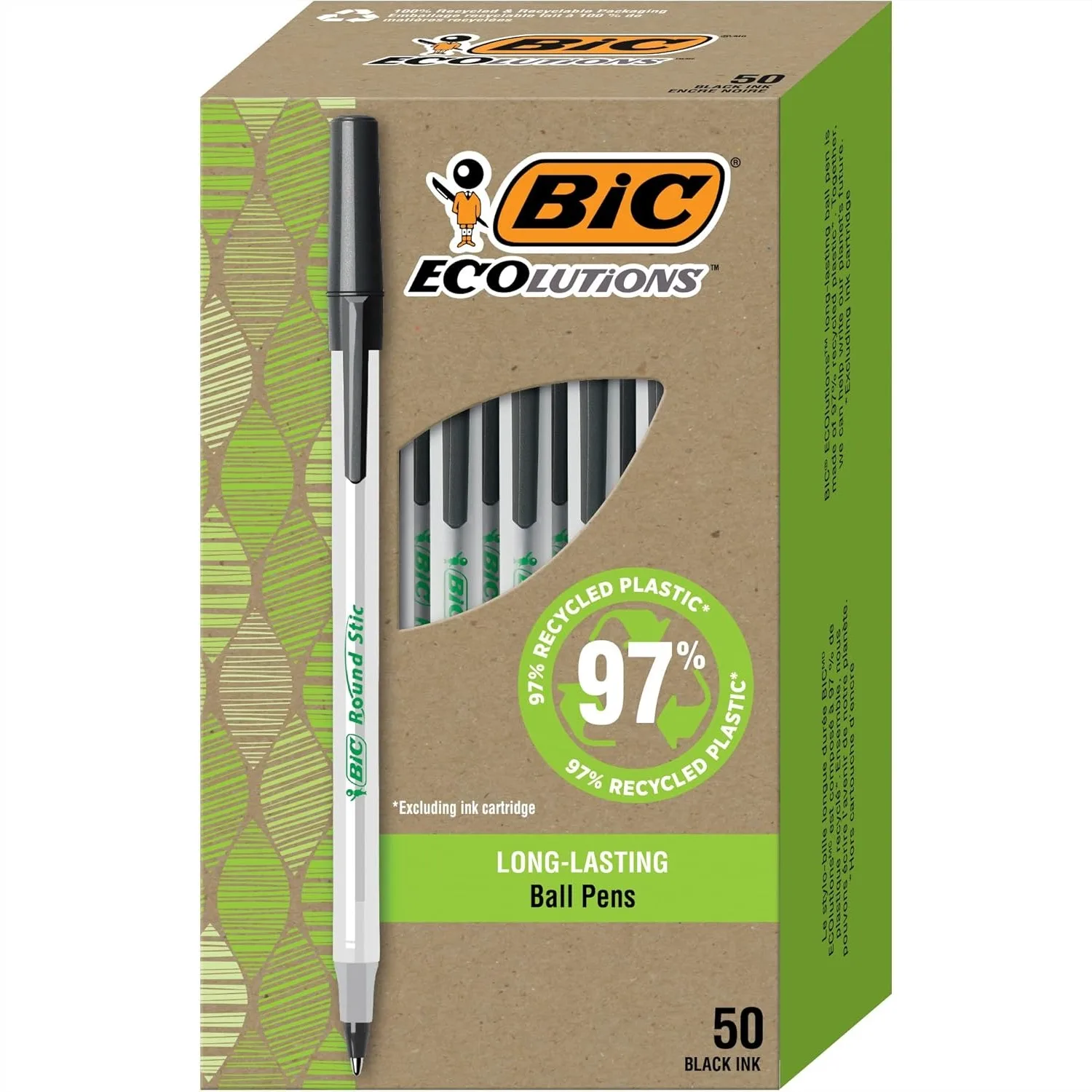 

Round Stic Ballpoint Pens, Medium Point 1.0mm, 50-Pack, Black Ink, 97% Recycled Plastic, Smooth Writing