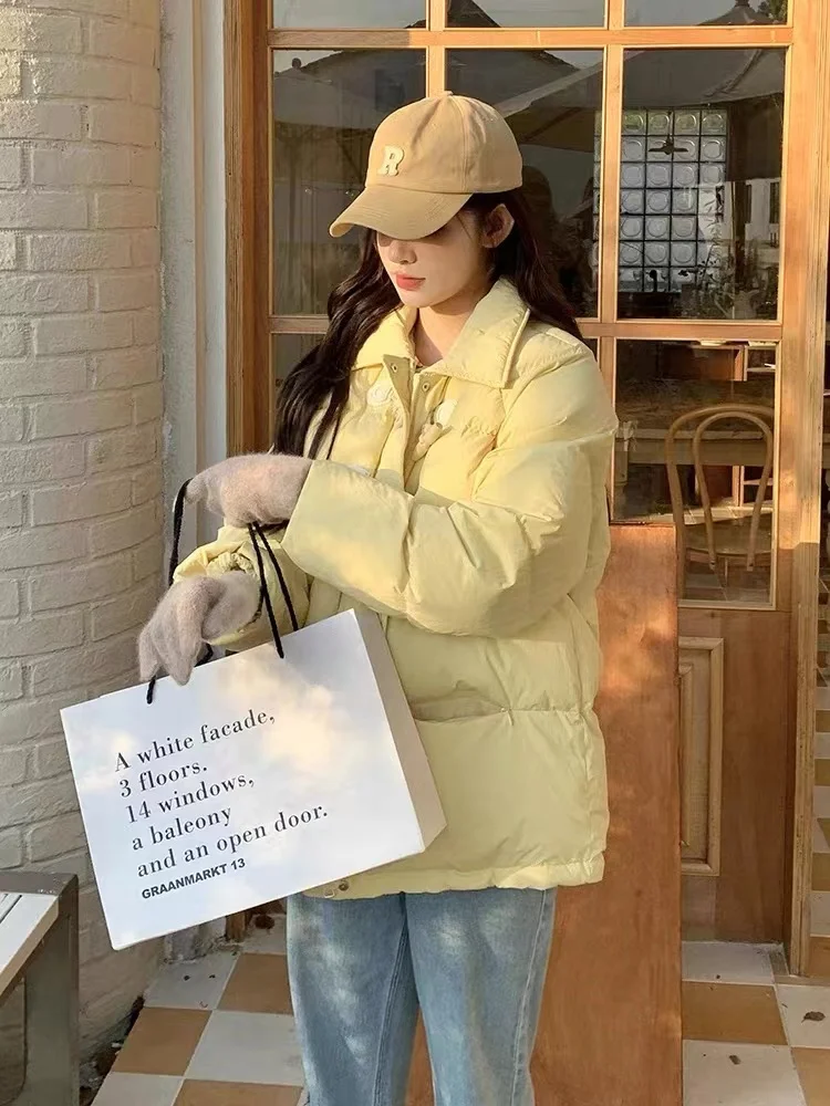 FIGOHR Women\'s Down and Cotton Jacket Korean Preppy Style Yellow Overcoat with Cow Horn Buckle Female Sweet Jacket 2024 Winter