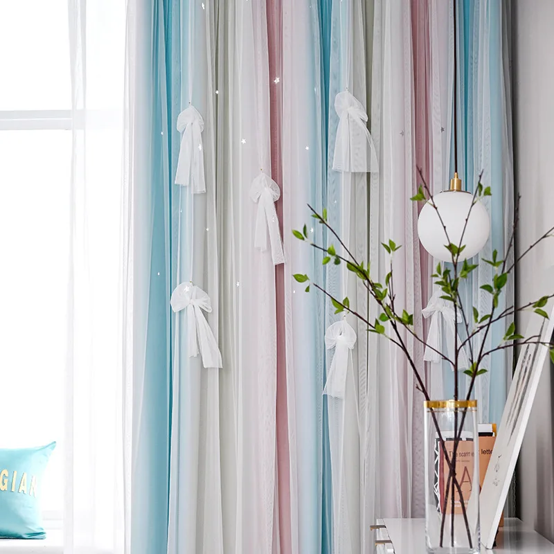 

New Curtain Yarn Hollow Star Window Tulle Double-layer Princess Style Children's Room Bedroom Balcony High Shading Girls Kids