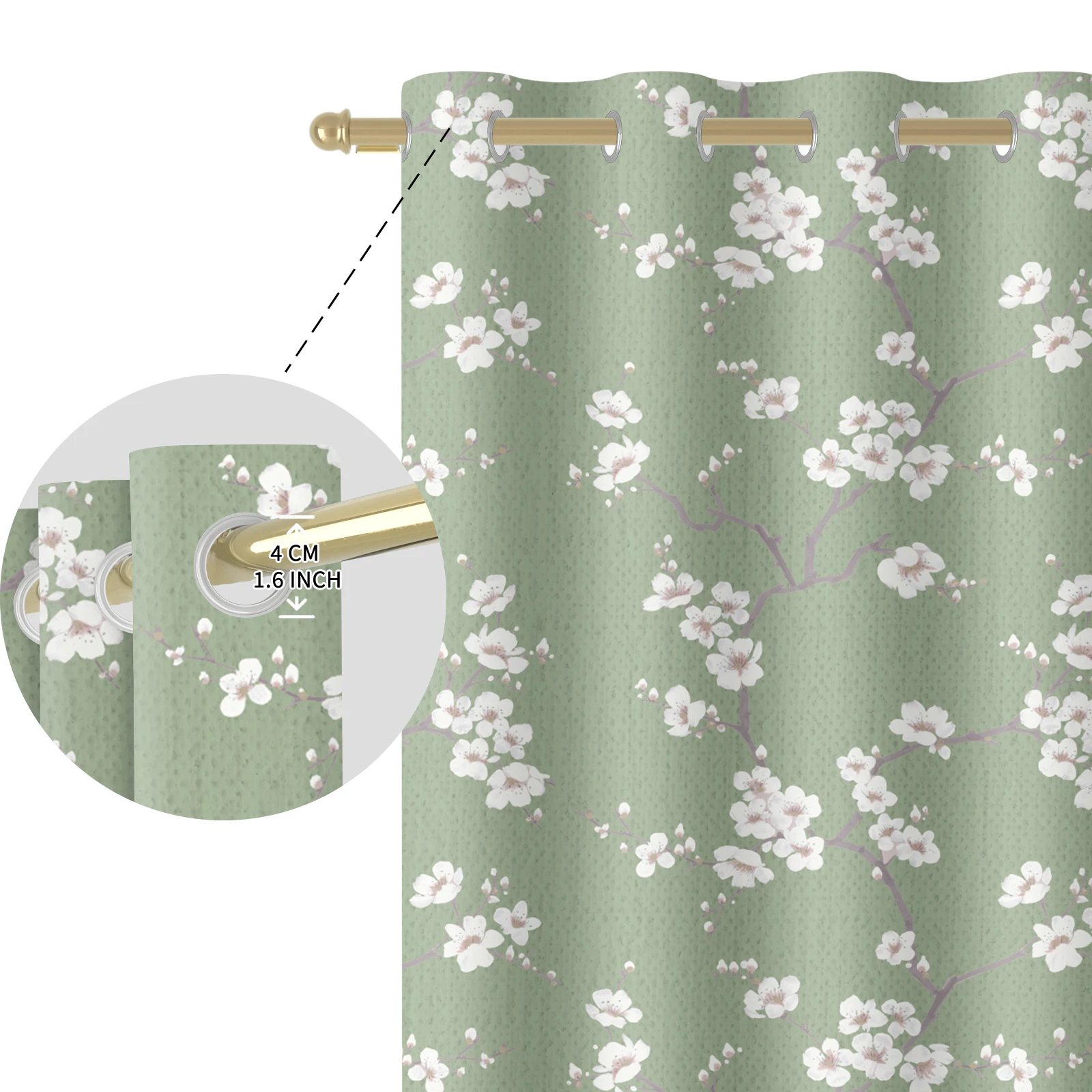 Green Color White Cherry Blossom Floral Blackout Curtains 2 Panels, Grommet Thermal Insulated Drapes for Living Room Bedroom