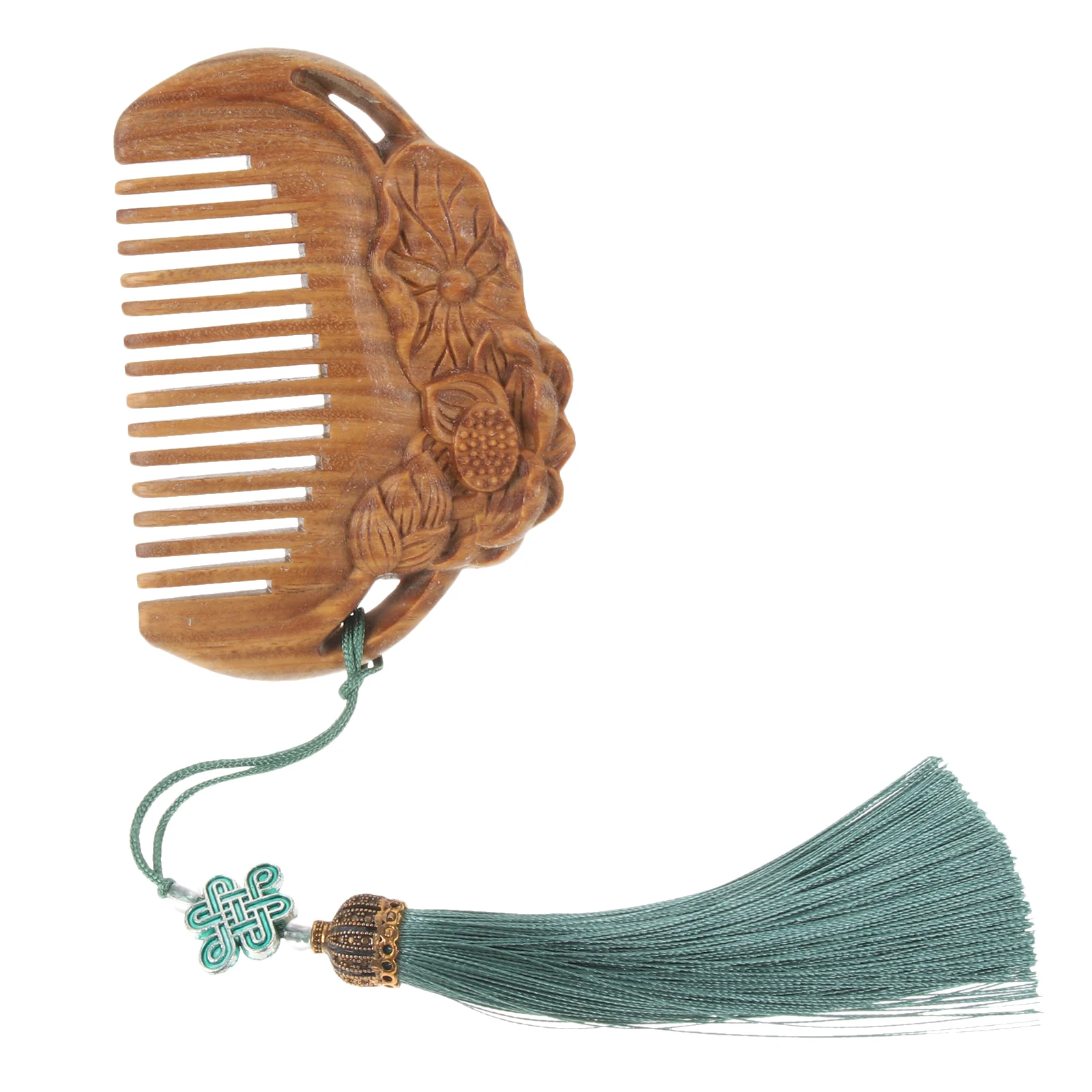 

Green Sandalwood Comb Double Sided Carved Lotus Details Chinese Wooden Combs Retro Portable Scalp Massage Travel Use Durable