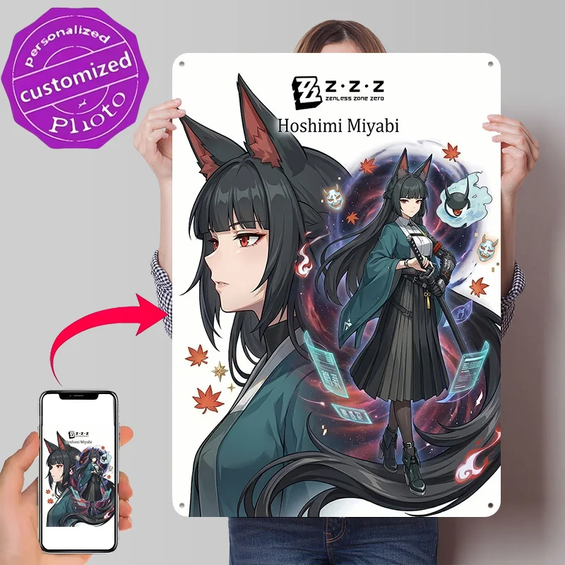Zenless Zone Zero Hoshimi Miyabi 3D Printed Texture Poster Personalized Wall Art Retro Metal Tin Signs for Bedroom Decoration