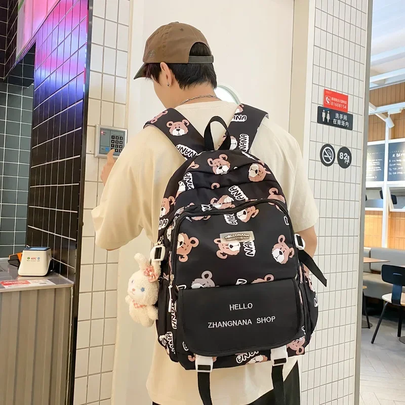 

American Campus Student Schoolbags Bear Graffiti Men's Large-capacity Backpack Anti-water Retro Japanese Tooling Backpacks