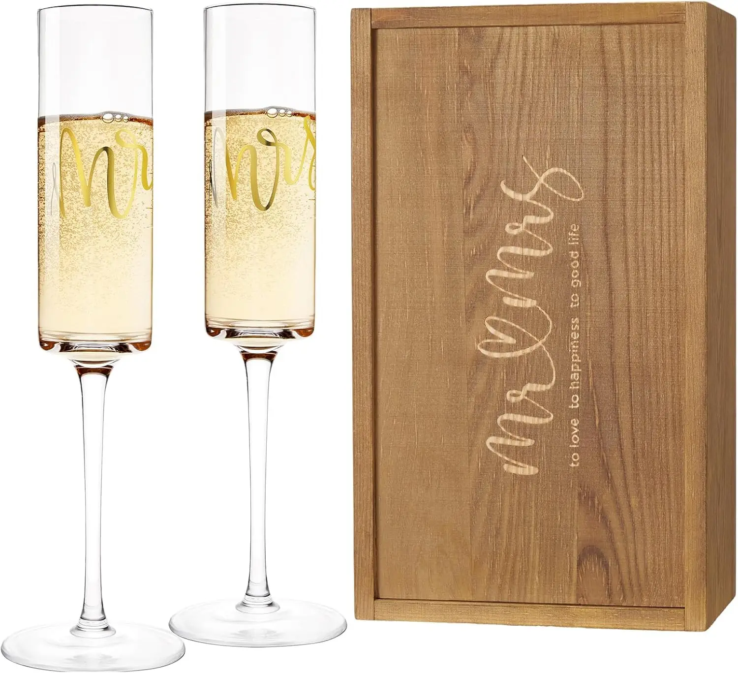 

Mr & Mrs Champagne Flutes Set of 2, Wedding Toasting Glasses with Wooden Box for Newlyweds