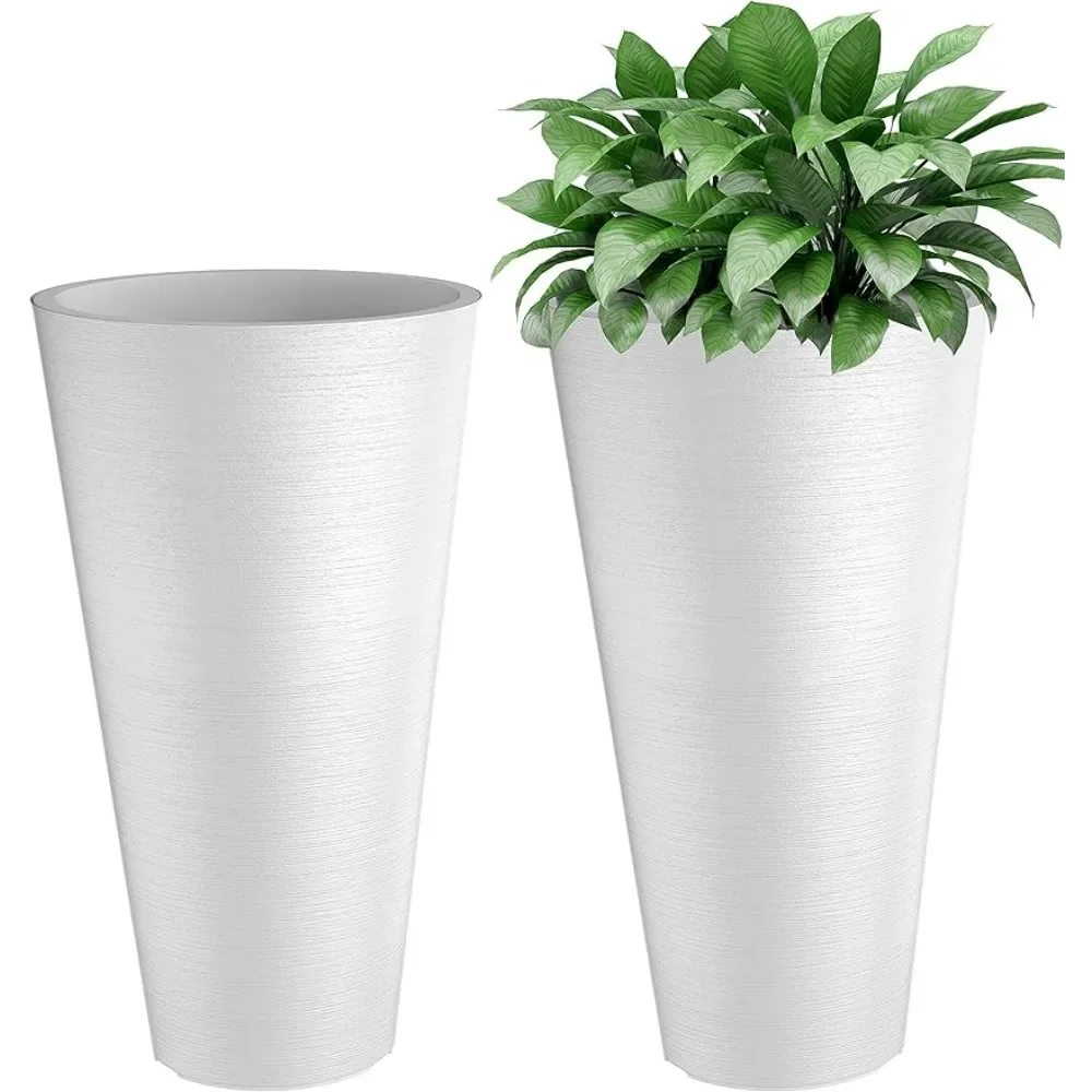 

White 24 Inch Tall Outdoor Planters With Small 10 Inch Pots - Set of 2 Modern Round Plastic Indoor Floor Standing Flower Pots