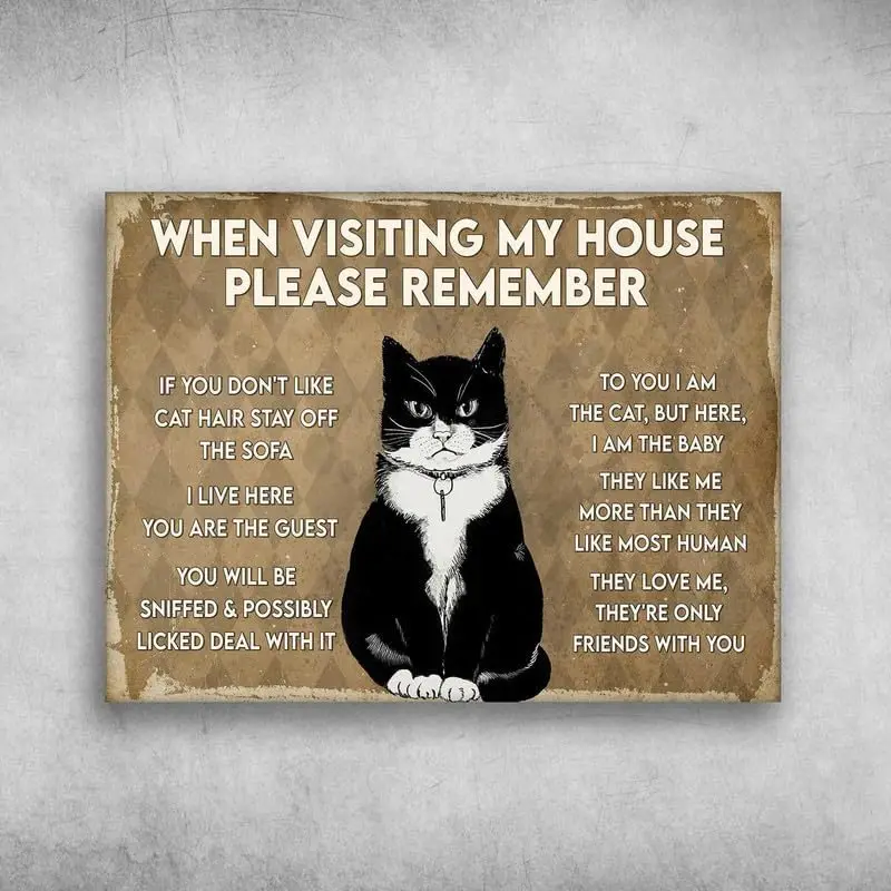 Tuxedo Cat, Cat Lover, When Visiting My House, Please Remember, If You Don’T Like Cat Hair, Stay Off The Sofa Retro Wall De sign