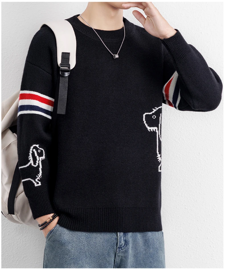 Luxus Marke Pullover Herren Herbst Winter Neue süße Welpen Druck Mode gestreifte Knopf Design Casual Warm Rund Stricken Sweater – Detail 16