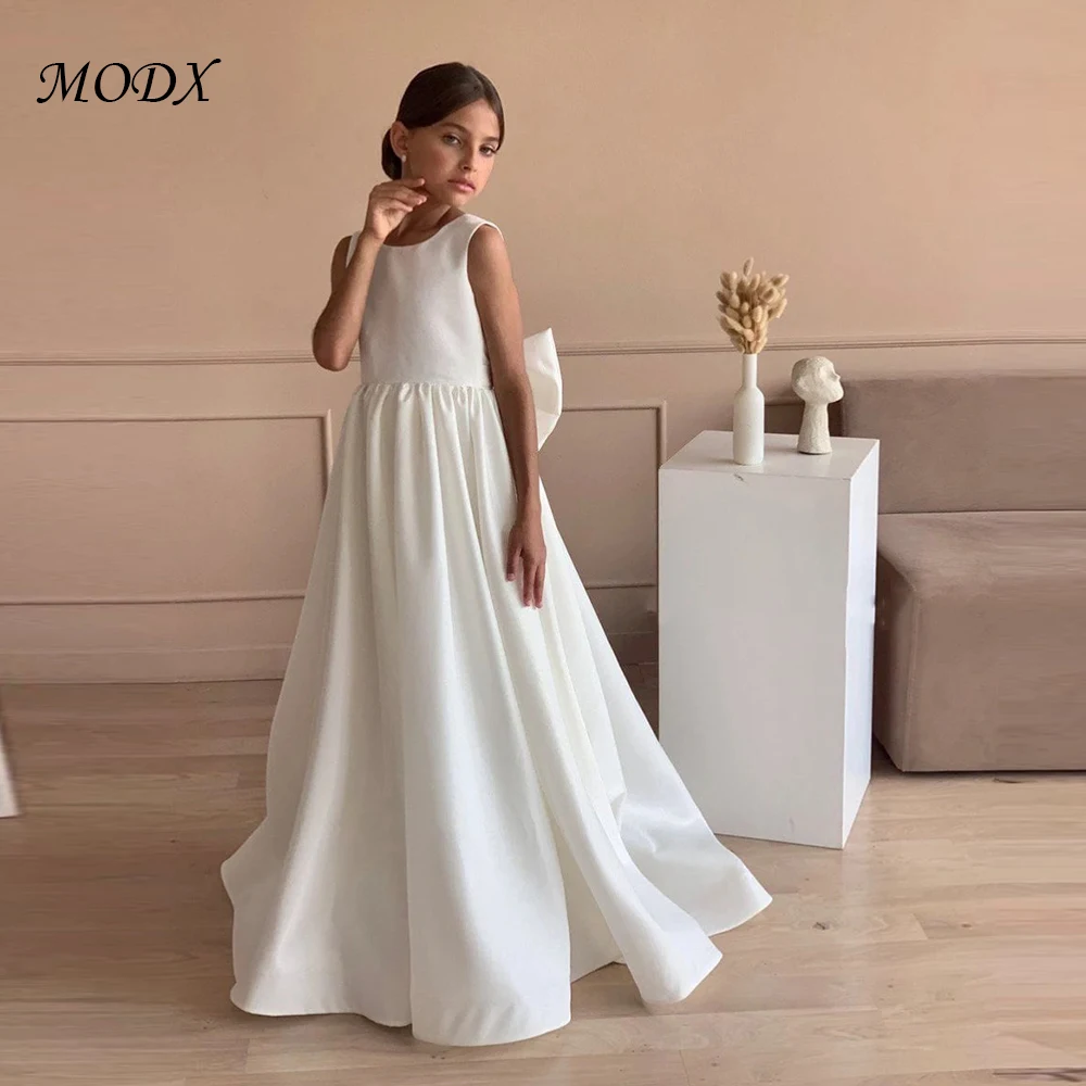 MODX Customized Flower Girl Dress For Wedding White Backless Floor Length Sleeveless With Bow Princess Birthday Party