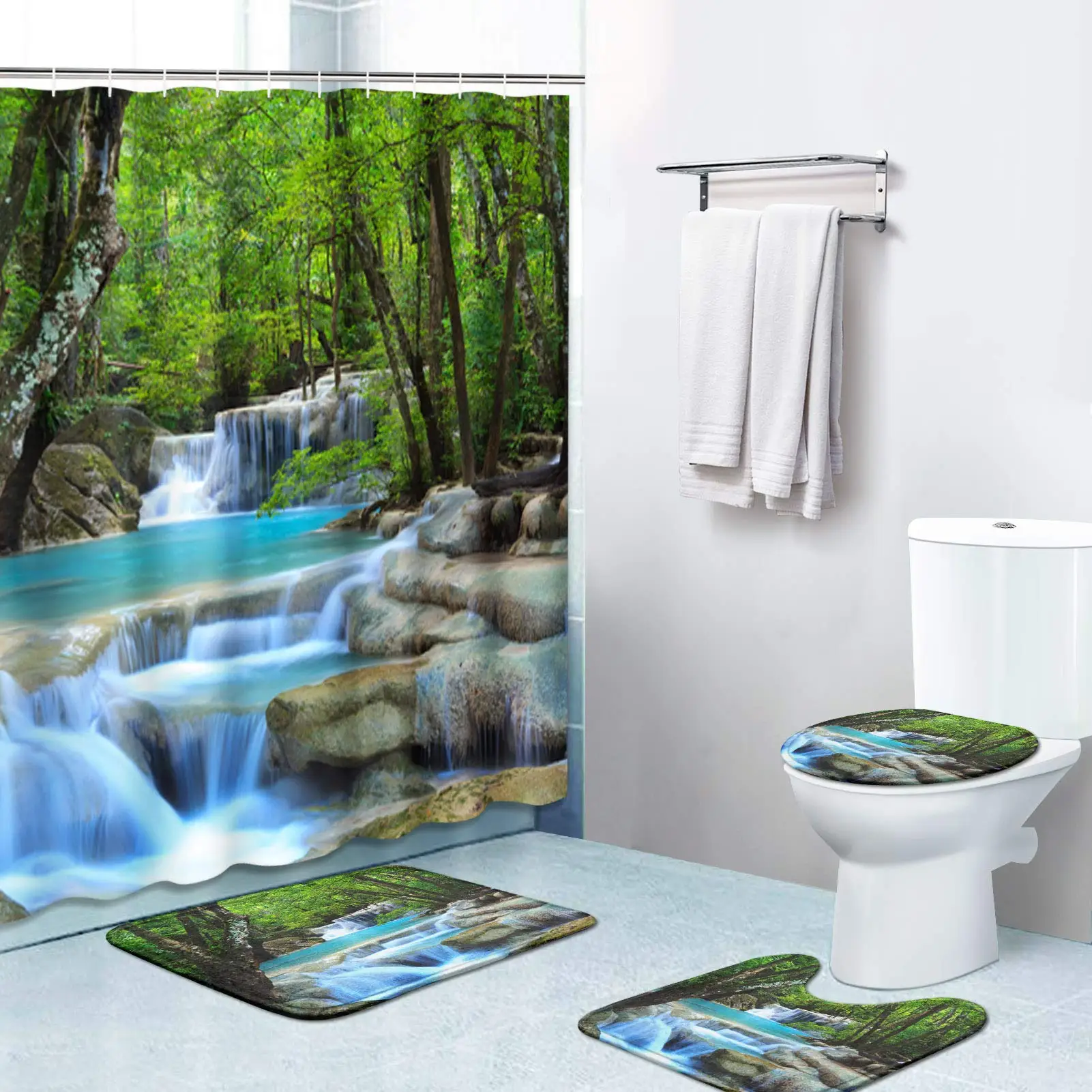 

3D Waterfall Scenery Waterproof Shower Curtain Set Bathroom Landscape Trees Flower Bath Mat Set Pedestal Rug Lid Toilet Cover