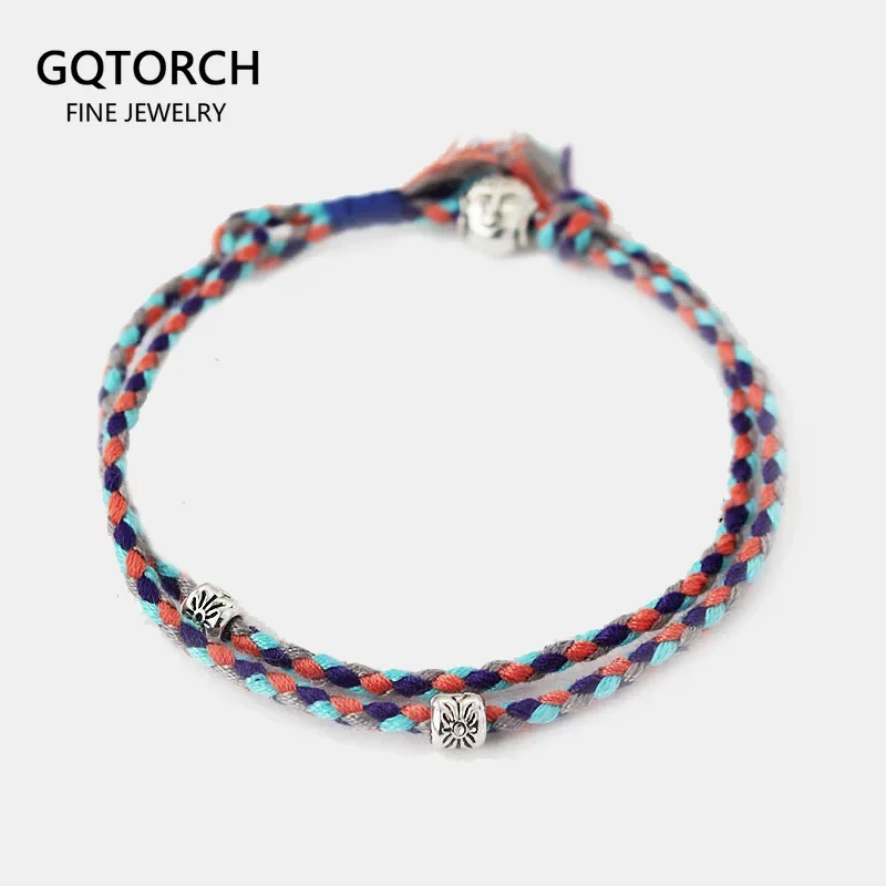 Buddhism Braided Bracelet Lucky Rope Handmade Tibetan Silver Buddha Head Bracelet Double Layers Adjustable Mixed Color