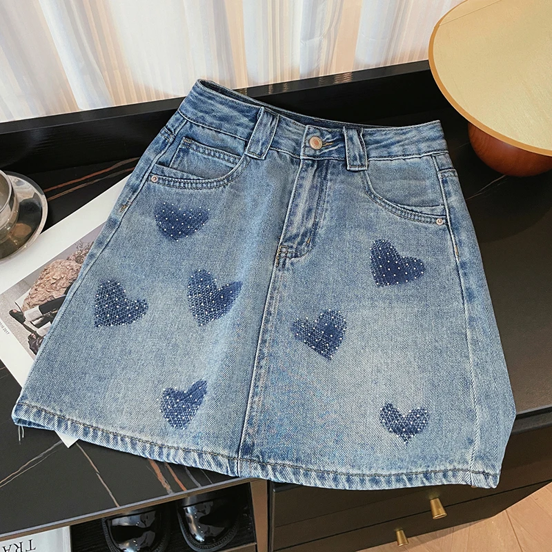 Korean Love Hot Drill Sweet High Waist Micro Mini Denim Skirt Summer Beash Jean Skirts with Shorts Fashion Streetwear Skorts