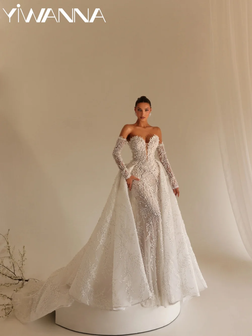 

New Detachable Train Pearls Wedding Dress Dreamy Lace Appliques Bridal Gown Customized Gorgeous Floor-length Dresses For Bride