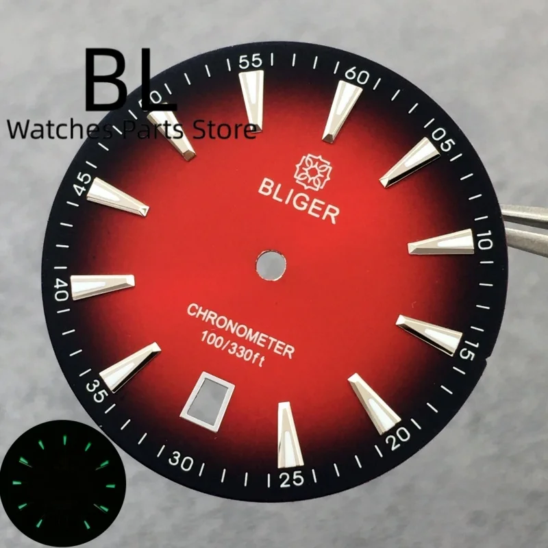BLIGER 33.2 مللي متر ساعة الطلب 6o'clockSunburst التدرج الأسود المحيط الأزرق الأحمر الهاتفي مضيئة مناسبة ل NH35 ساعة يد تعمل بالحركة ملحق