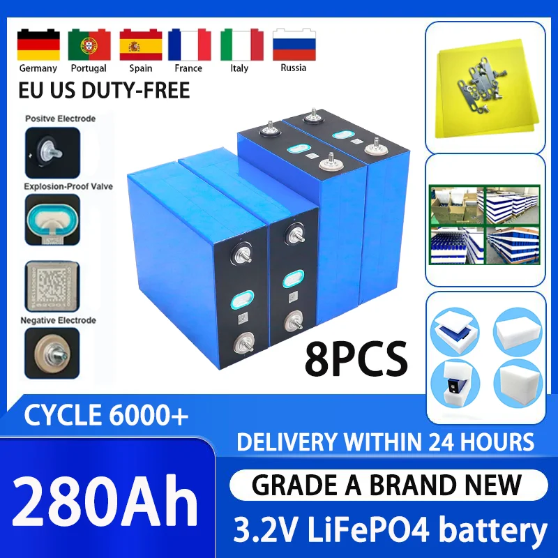 

8 cells of grade A 3.2V 280Ah LifePO4 battery DIY 24Vsuitable for electric vehicle grade solar high-quality rechargeable battery